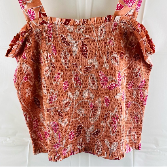 Witchery Pink Floral Shirred Frill Trim Square Neckline Cropped Tank Top Size XL - Picture 7 of 14